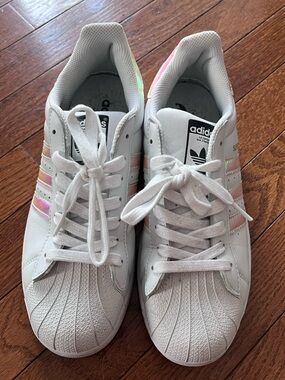 Adidas White Sneakers with Iridescent Pink Stripes
